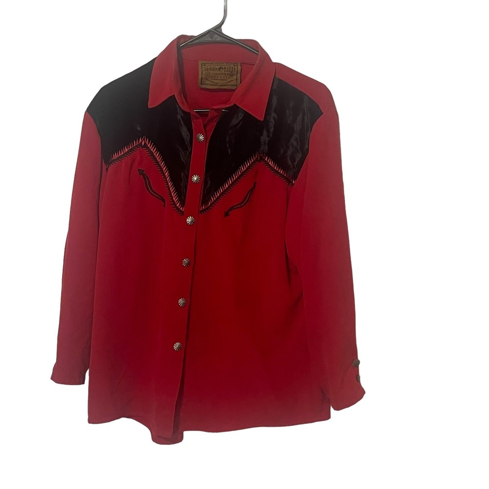 Saddle Ridge Vintage Western Shirt Red Black Velvet Yoke Concho Buttons Large